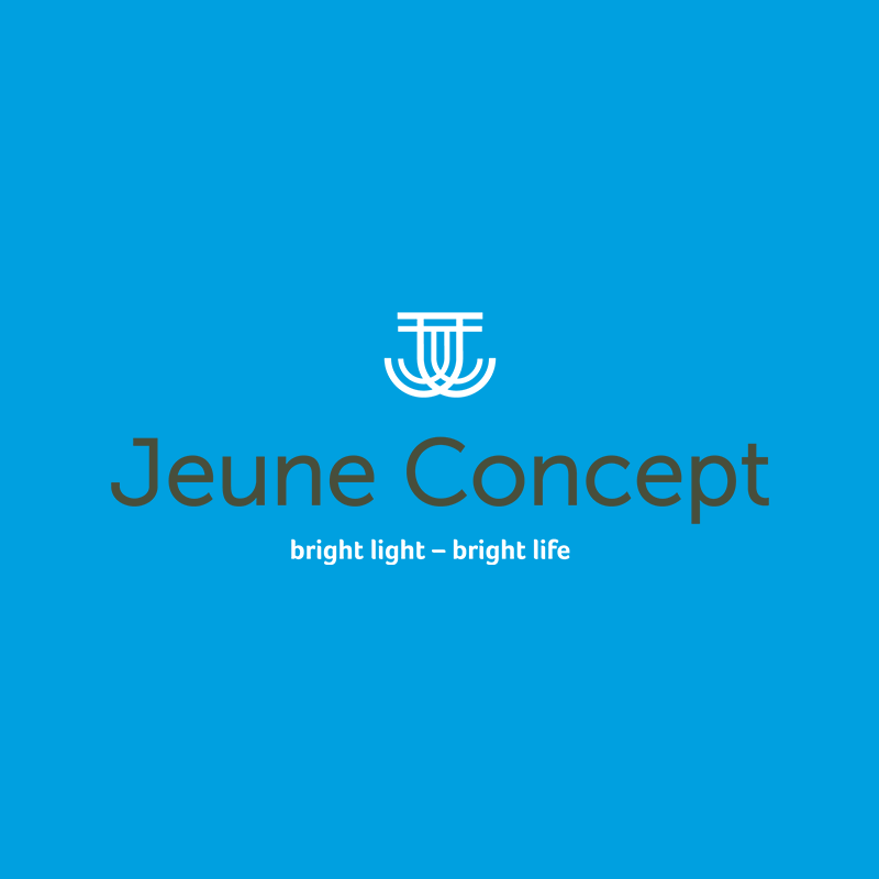 logo met slogan Bright light - bright life van Jeune Concept op blauwe achtergrond