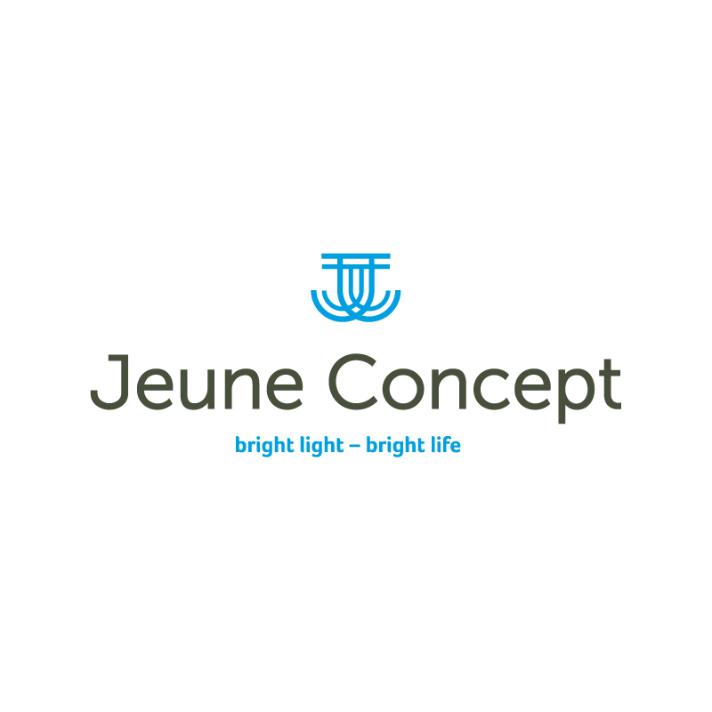 logo met slogan Bright light - bright life van Jeune Concept op witte achtergrond